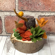 Limon/Pumpkin Garden with Owl & Flora on Natural Wood Base
