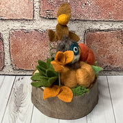 Limon/Pumpkin Garden with Owl & Flora on Natural Wood Base