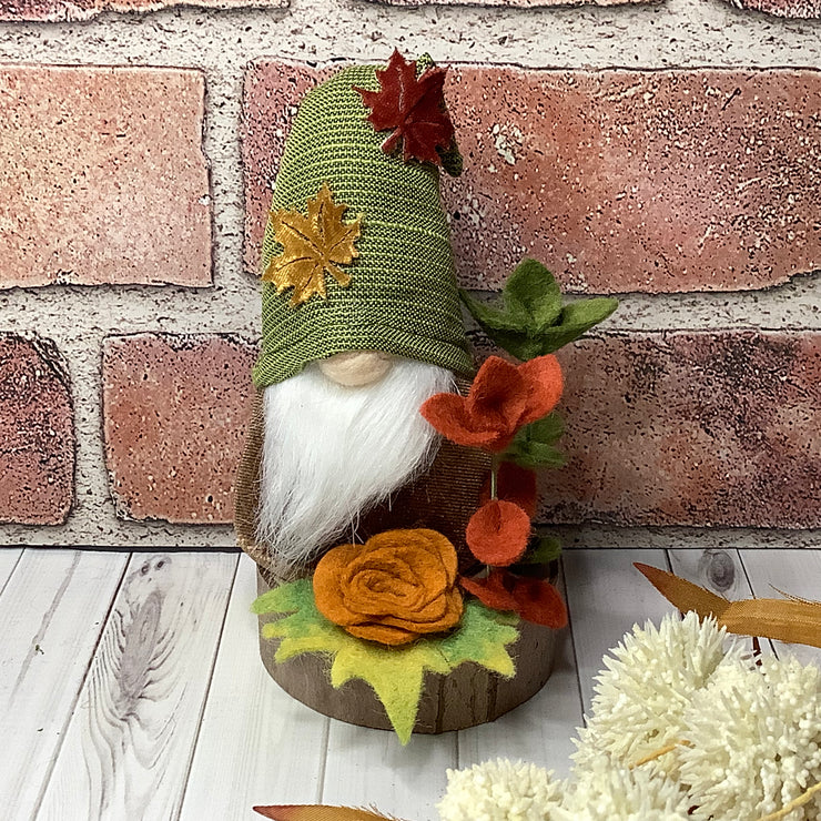 /Gnome with Maple Leaf Hat & Flora on Natural Wood Base