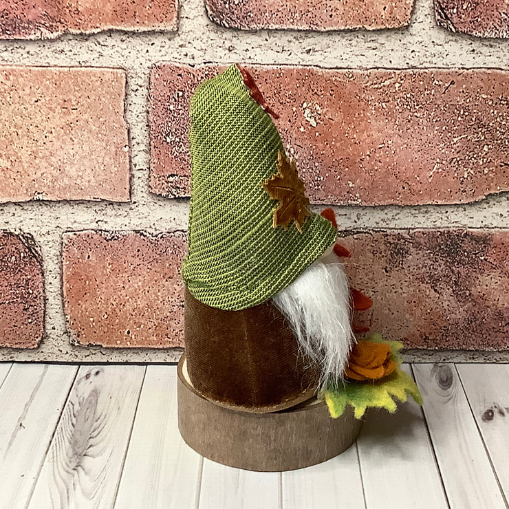 /Gnome with Maple Leaf Hat & Flora on Natural Wood Base