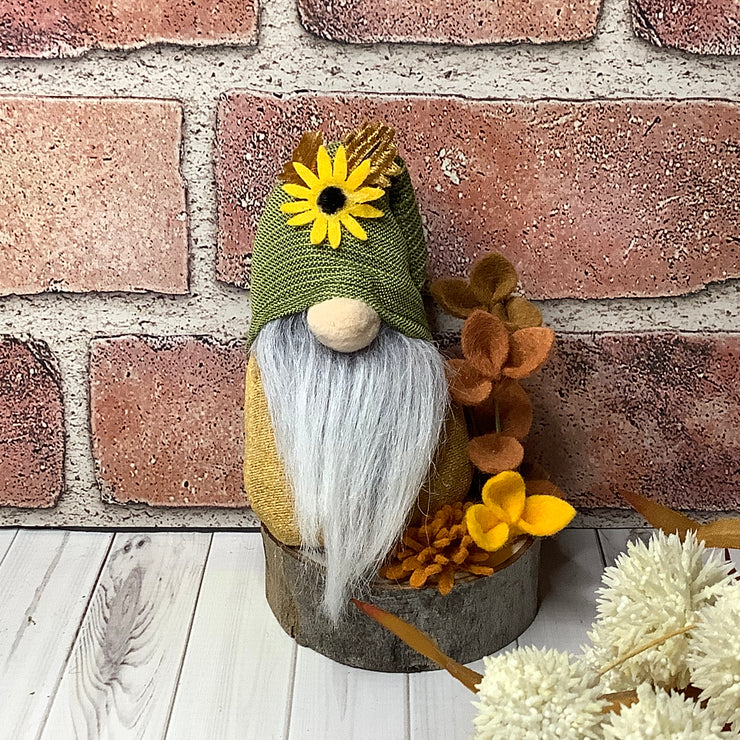 /Gnome with Sunflower Hat & Flora on Natural Wood Base