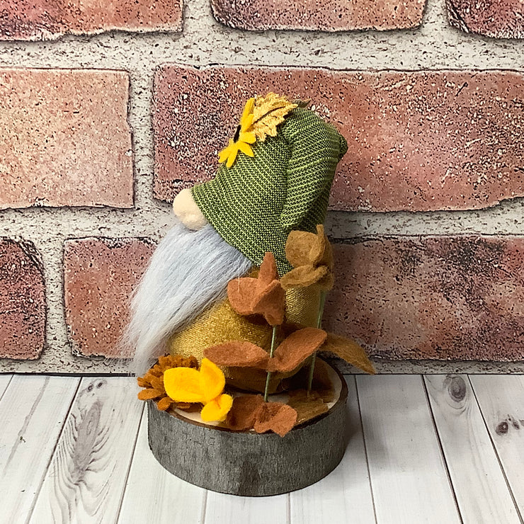 /Gnome with Sunflower Hat & Flora on Natural Wood Base