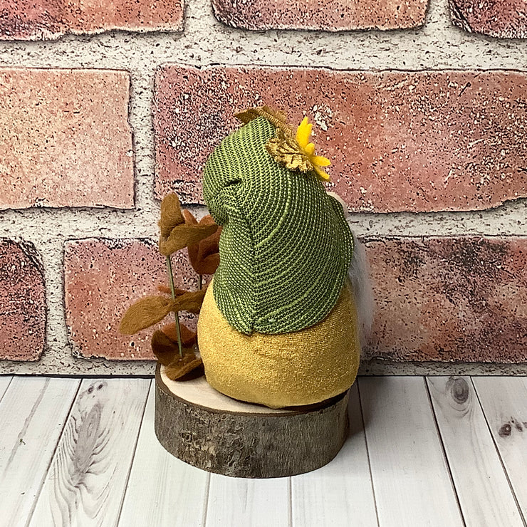 /Gnome with Sunflower Hat & Flora on Natural Wood Base