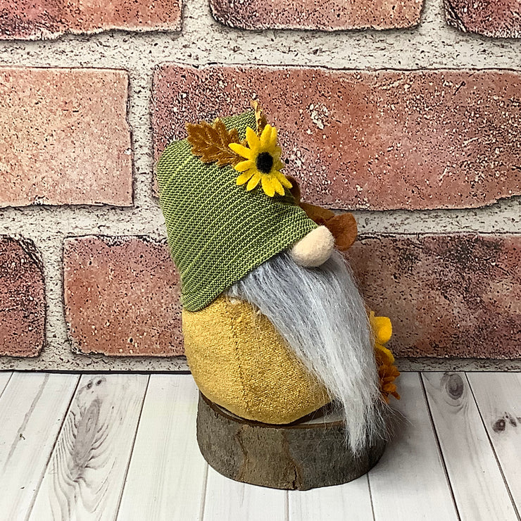 /Gnome with Sunflower Hat & Flora on Natural Wood Base