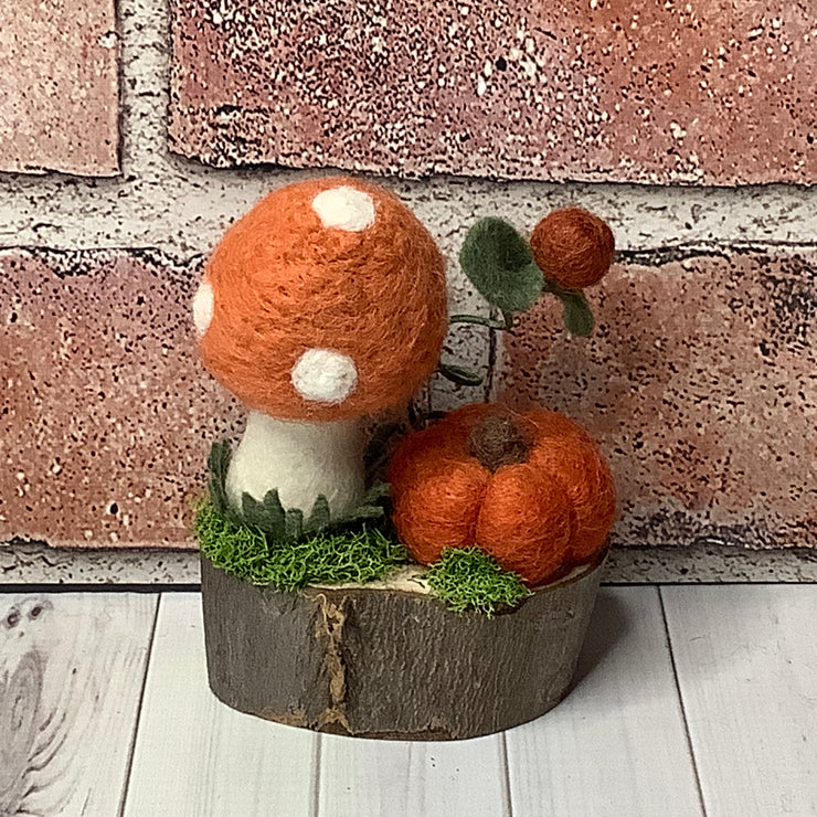 Light Russet Mushroom, Russet Pumpkin & Flora on Natural Wood Base
