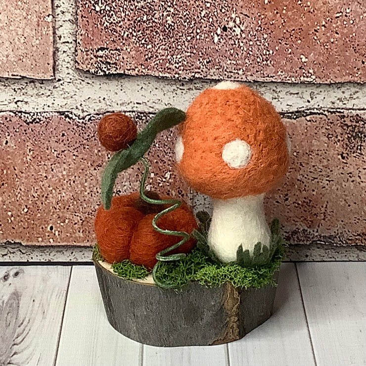 Light Russet Mushroom, Russet Pumpkin & Flora on Natural Wood Base