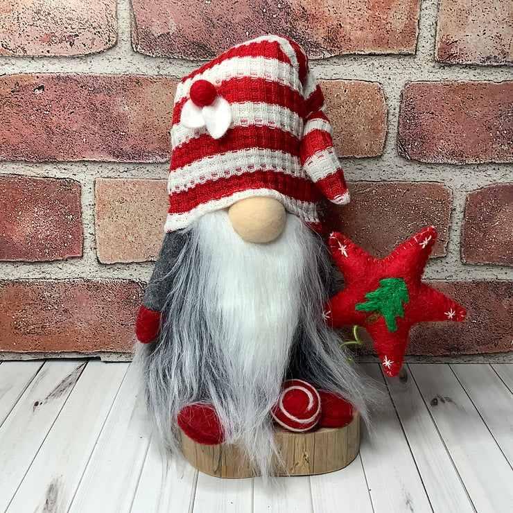 Red & White Stripe Knit Gnome & Red Star on Natural Wood Base/Christmas
