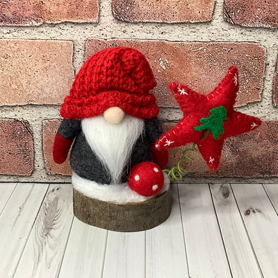 Red with Grey Gnome, Red Star on Natural Wood Base/Christmas