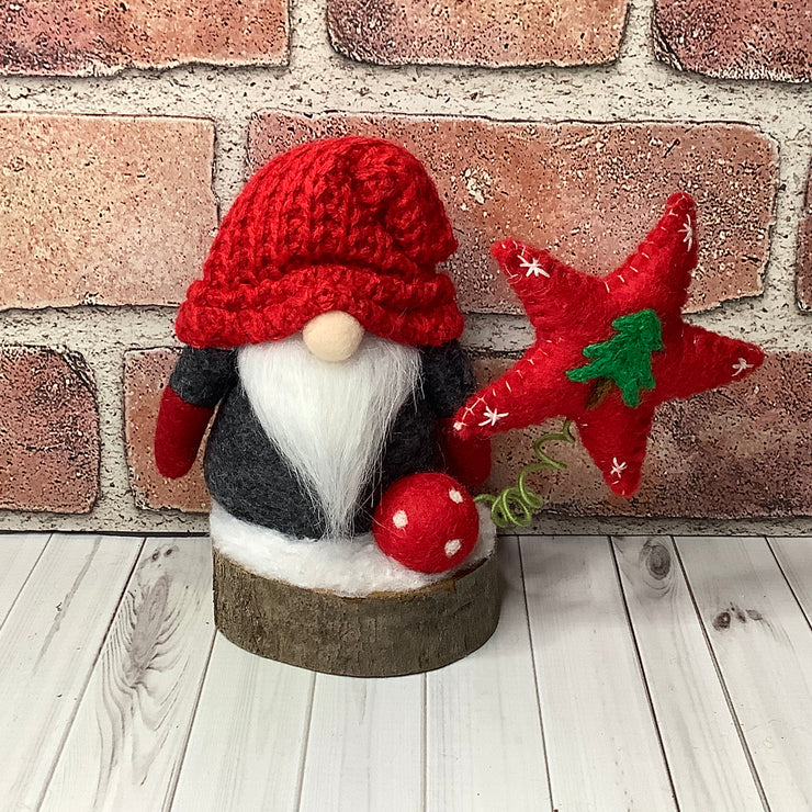 Red with Grey Gnome, Red Star on Natural Wood Base/Christmas