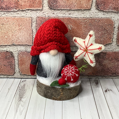 Red with Grey Gnome, White Star on Natural Wood Base/Christmas