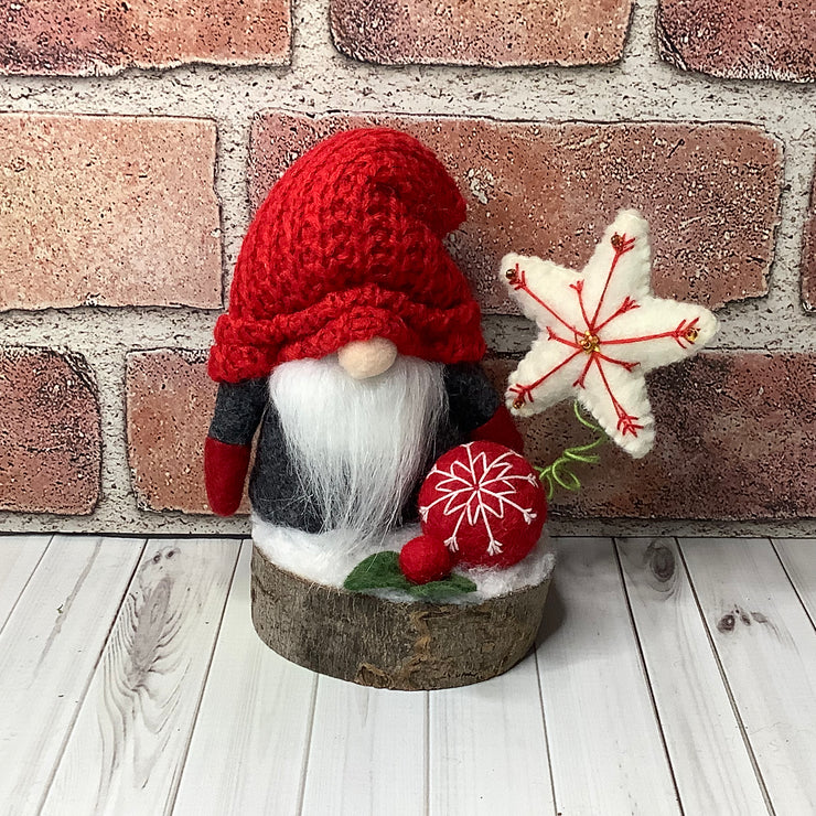 Red with Grey Gnome, White Star on Natural Wood Base/Christmas