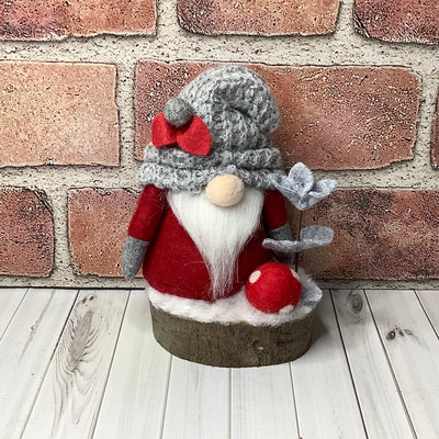 Grey with Red Gnome & Flora on Natural Wood Base/Christmas
