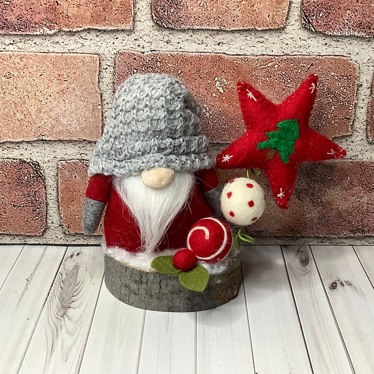 Grey with Red Gnome, Red Star on Natural Wood Base/Christmas