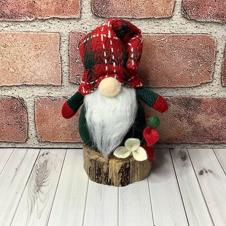 Red & Green Gnome with Flora on Natural Wood Base/Christmas