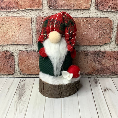 Red & Green Gnome on Natural Wood Base/Christmas