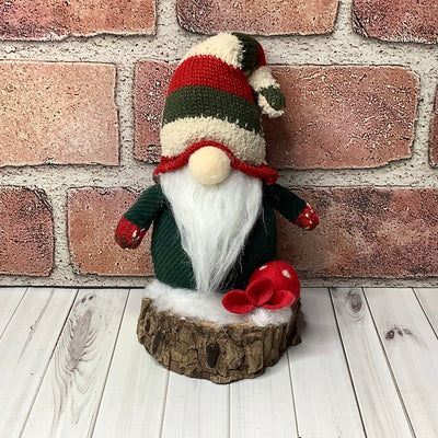 Red & Green Gnome & Flora on Natural Wood Base/Christmas