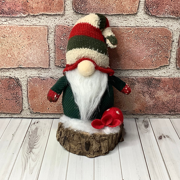 Red & Green Gnome & Flora on Natural Wood Base/Christmas