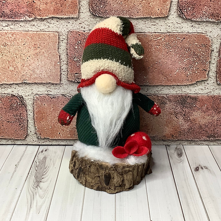 Red & Green Gnome & Flora on Natural Wood Base/Christmas