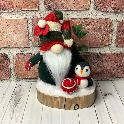 Red & Green Gnome, Penguin & Flora on Natural Wood Base/Christmas
