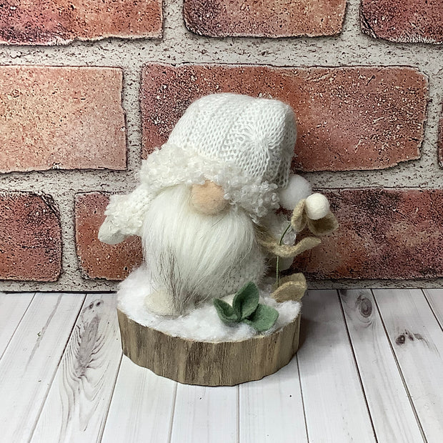 Winter White Gnome & Flora on Natural Wood Base/Christmas