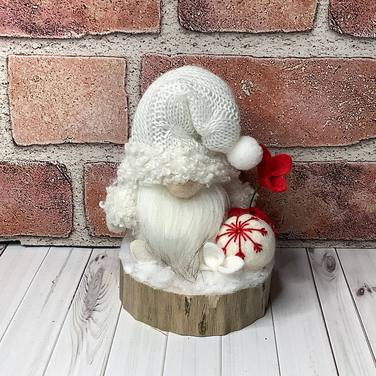 Winter White Gnome & Flora on Natural Wood Base/Christmas