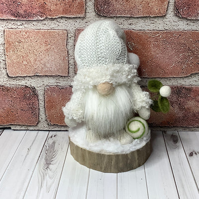 Winter White Gnome & Flora on Natural Wood Base/Christmas