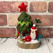 Santa, Tree & flora on Natural Wood Base/Christmas