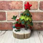 Santa, Tree & flora on Natural Wood Base/Christmas