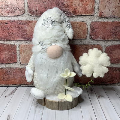 Winter White Snowflake Gnome & Flora on Natural Wood Base/Christmas