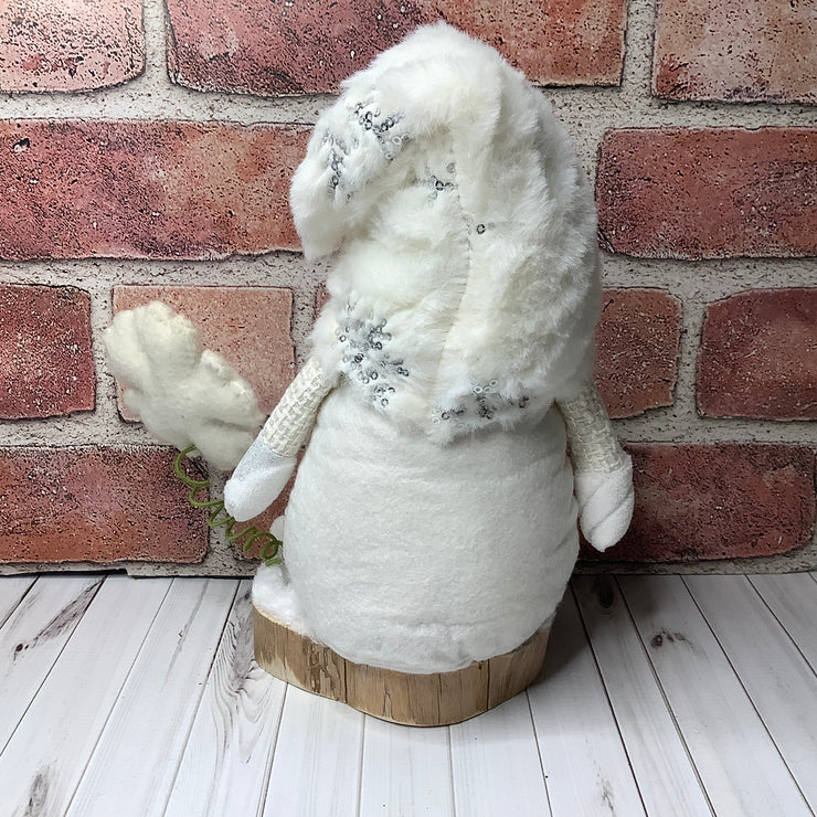 Winter White Snowflake Gnome & Flora on Natural Wood Base/Christmas