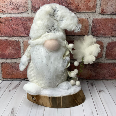 Winter White Snowflake Gnome & Flora on Natural Wood Base/Christmas