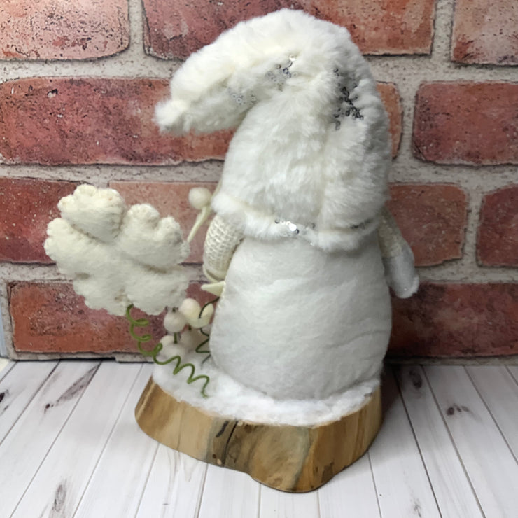 Winter White Snowflake Gnome & Flora on Natural Wood Base/Christmas