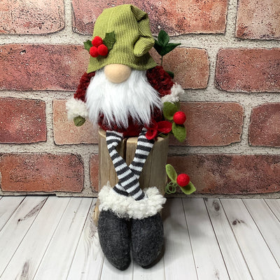 /Holly Berry Gnome & Flora on Natural Wood Base/Christmas