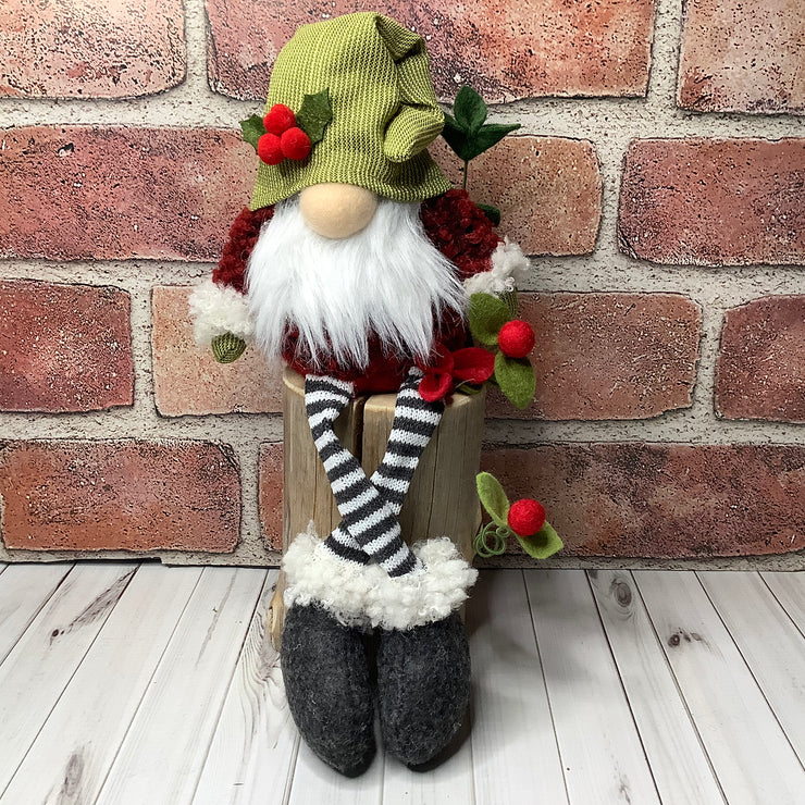 /Holly Berry Gnome & Flora on Natural Wood Base/Christmas