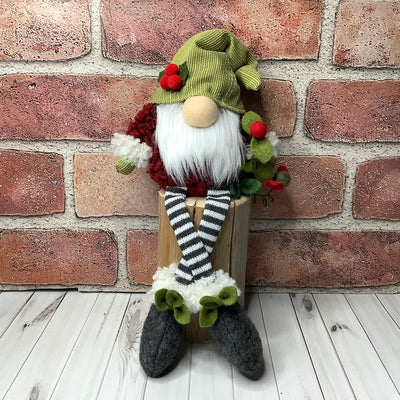 /Holly Berry Gnome & Flora on Natural Wood Base/Christmas