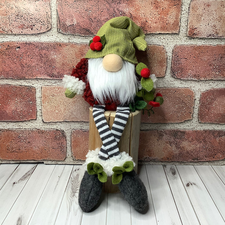 /Holly Berry Gnome & Flora on Natural Wood Base/Christmas