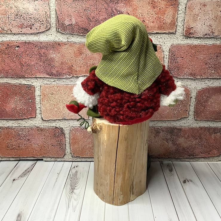 /Holly Berry Gnome & Flora on Natural Wood Base/Christmas