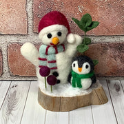 Snowman, Penguin & flora on Natural Wood Base/Christmas