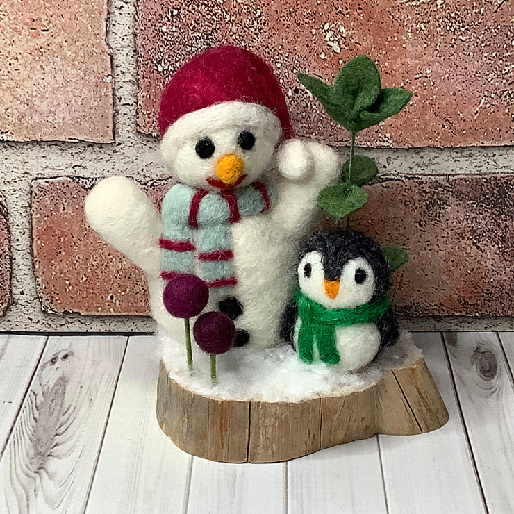 Snowman, Penguin & flora on Natural Wood Base/Christmas