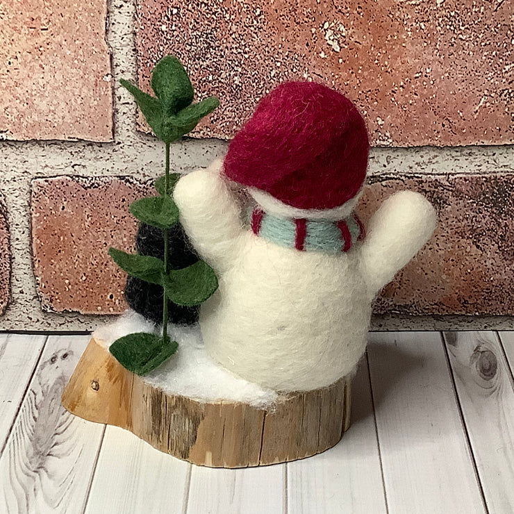 Snowman, Penguin & flora on Natural Wood Base/Christmas