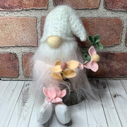 White & Pink Fuzzy Gnome & Flora on Natural Wood Base