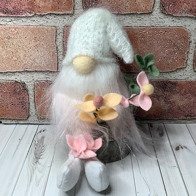White & Pink Fuzzy Gnome & Flora on Natural Wood Base