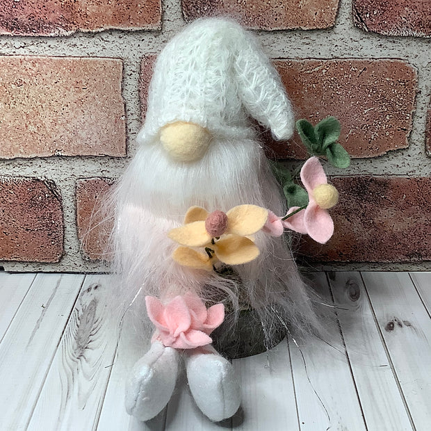 White & Pink Fuzzy Gnome & Flora on Natural Wood Base