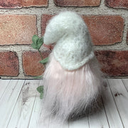 White & Pink Fuzzy Gnome & Flora on Natural Wood Base