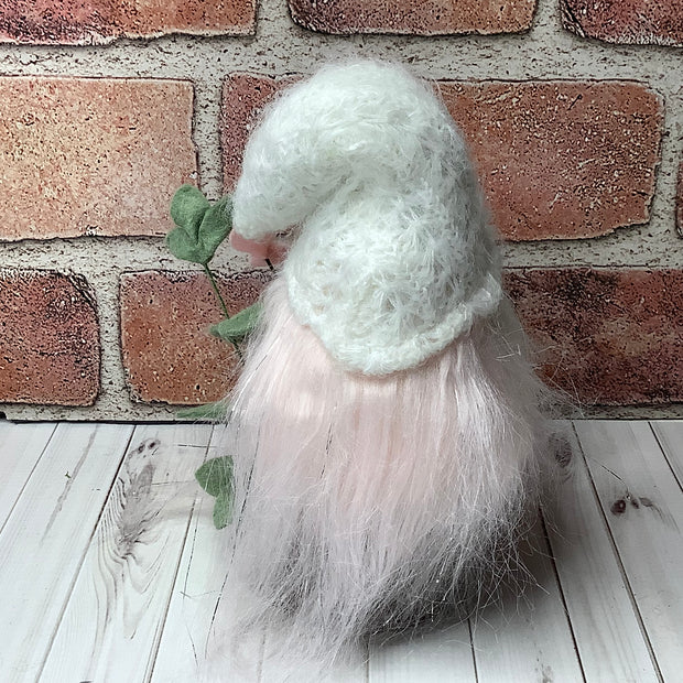White & Pink Fuzzy Gnome & Flora on Natural Wood Base