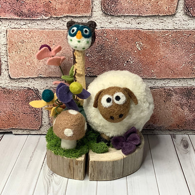 Sheep & Owl, Mushroom & Flora on Natural Wood Base