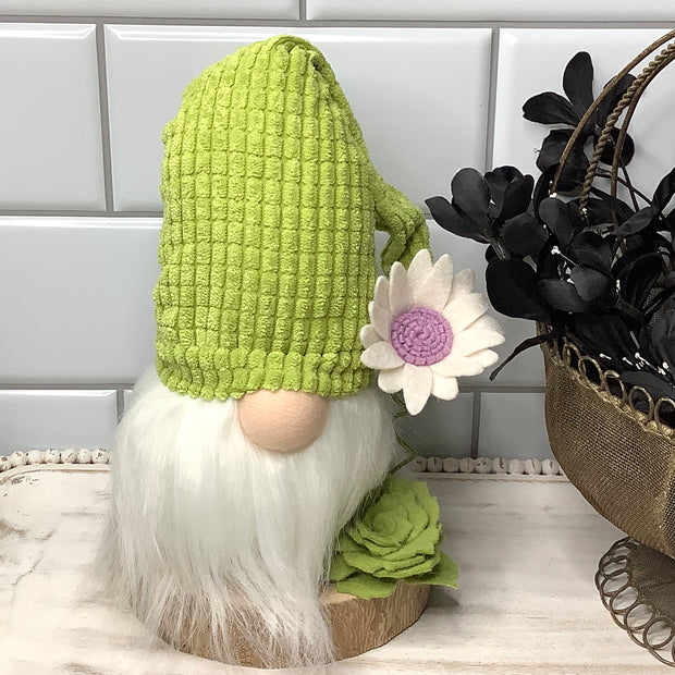Lime Chenille Gnome & Flora on Natural Wood Base