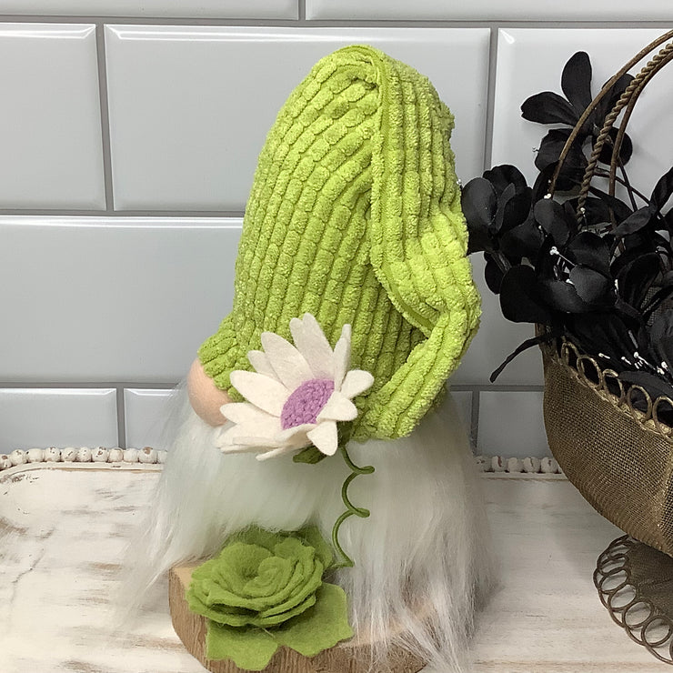 Lime Chenille Gnome & Flora on Natural Wood Base