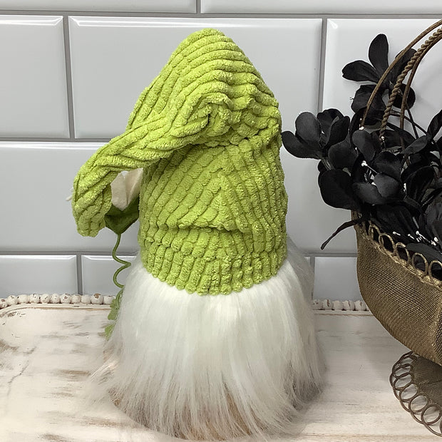 Lime Chenille Gnome & Flora on Natural Wood Base