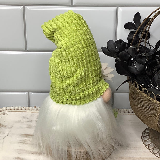 Lime Chenille Gnome & Flora on Natural Wood Base